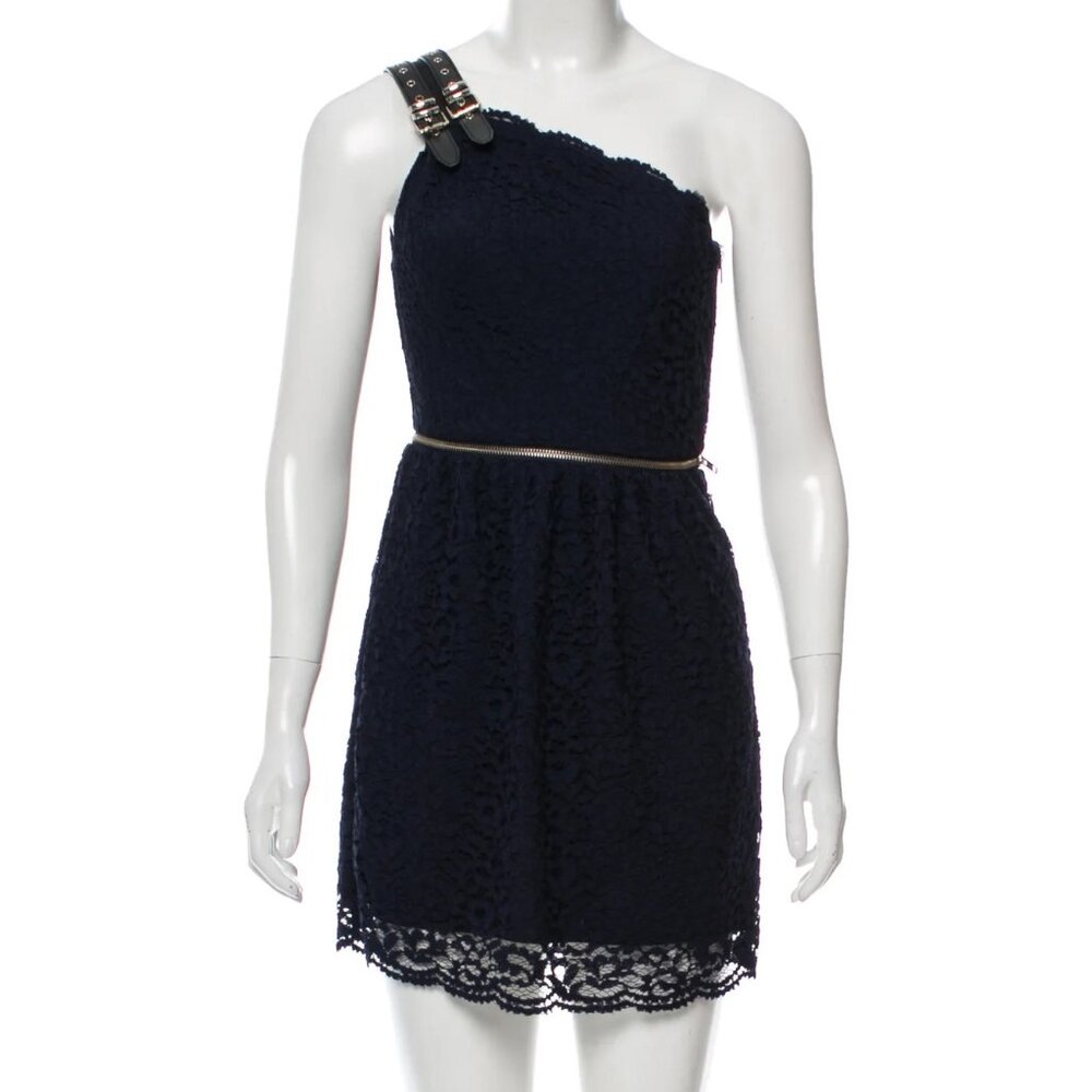 THE KOOPLES Lace and Zipper One Shoulder Mini Dress, Navy & Black, Sz S